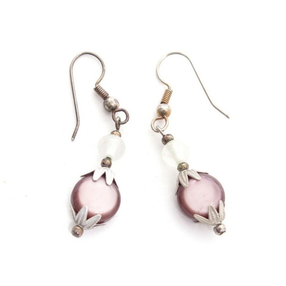 Vintage Brown & White Lucite Flower Bead Cap Dangle Drop Silver Toned Earrings